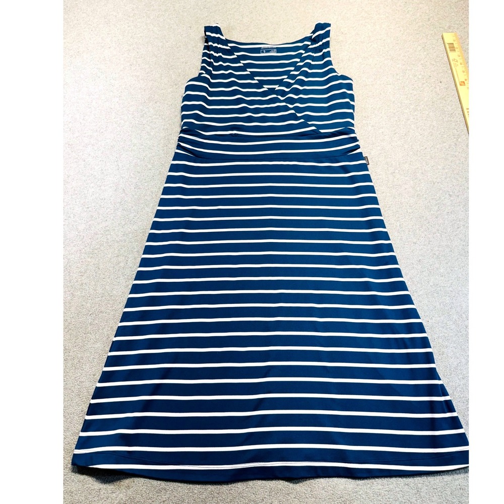 Eddie Bauer Women Medium Blue White Stripe Sleeveless Midi Dress Summer Vacation